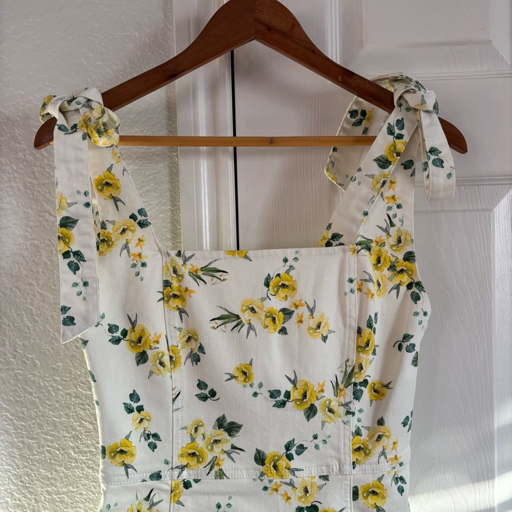 Alice + Olivia Maryann Tie Shoulder Mini Dress Yellow Floral White Denim size 4 - Picture 8 of 9